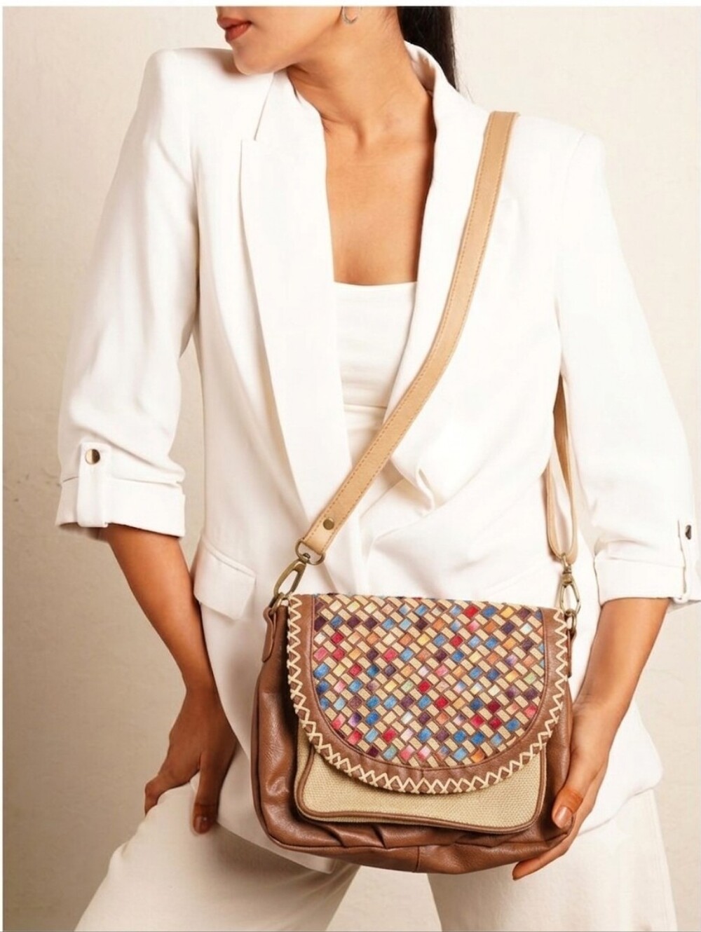 Mossimo Supply Brown Tan Boho Woven Faux Leather Whipstitch Flap Crossbody Bag